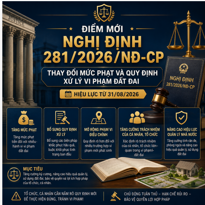 Điểm mới Nghị định 281/2026/NĐ-CP: Thay đổi mức phạt và quy định xử lý vi phạm đất đai từ 31/08/2026 Điểm mới Nghị định 281/2026/NĐ-CP: Thay đổi mức phạt và quy định xử lý vi phạm đất đai từ 31/08/2026
